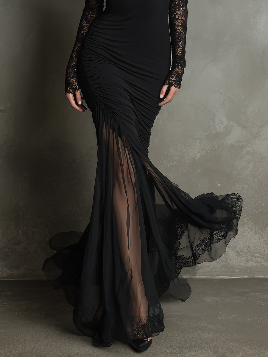 Elegant Retro Lace Splicing Fishtail Mesh Splicing Hem Maxi Dress