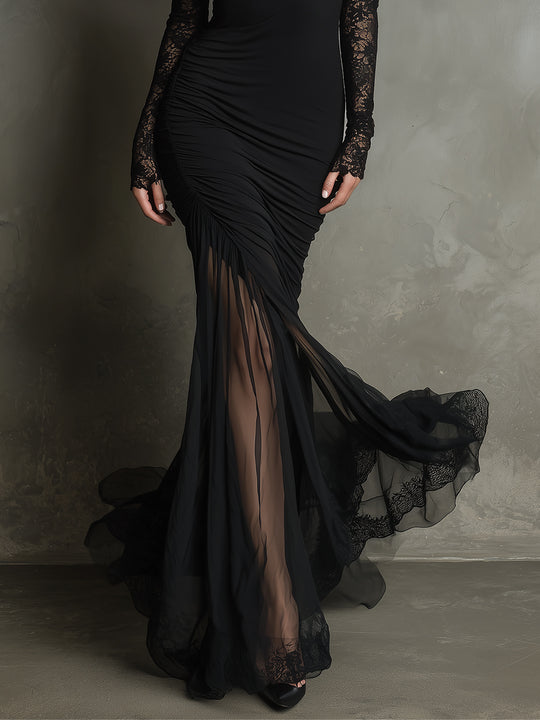 Elegant Retro Lace Splicing Fishtail Mesh Splicing Hem Maxi Dress