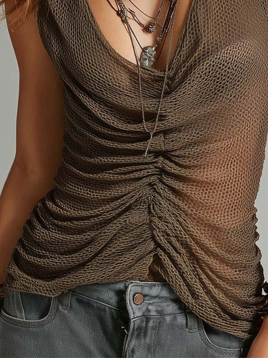 Bohemian Mesh Earthy Ruched V-neck Top