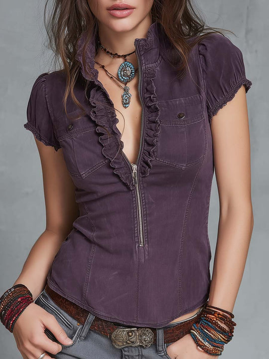 Retro Ruffled Collar Zip-up Short Sleeves Denim Blouse
