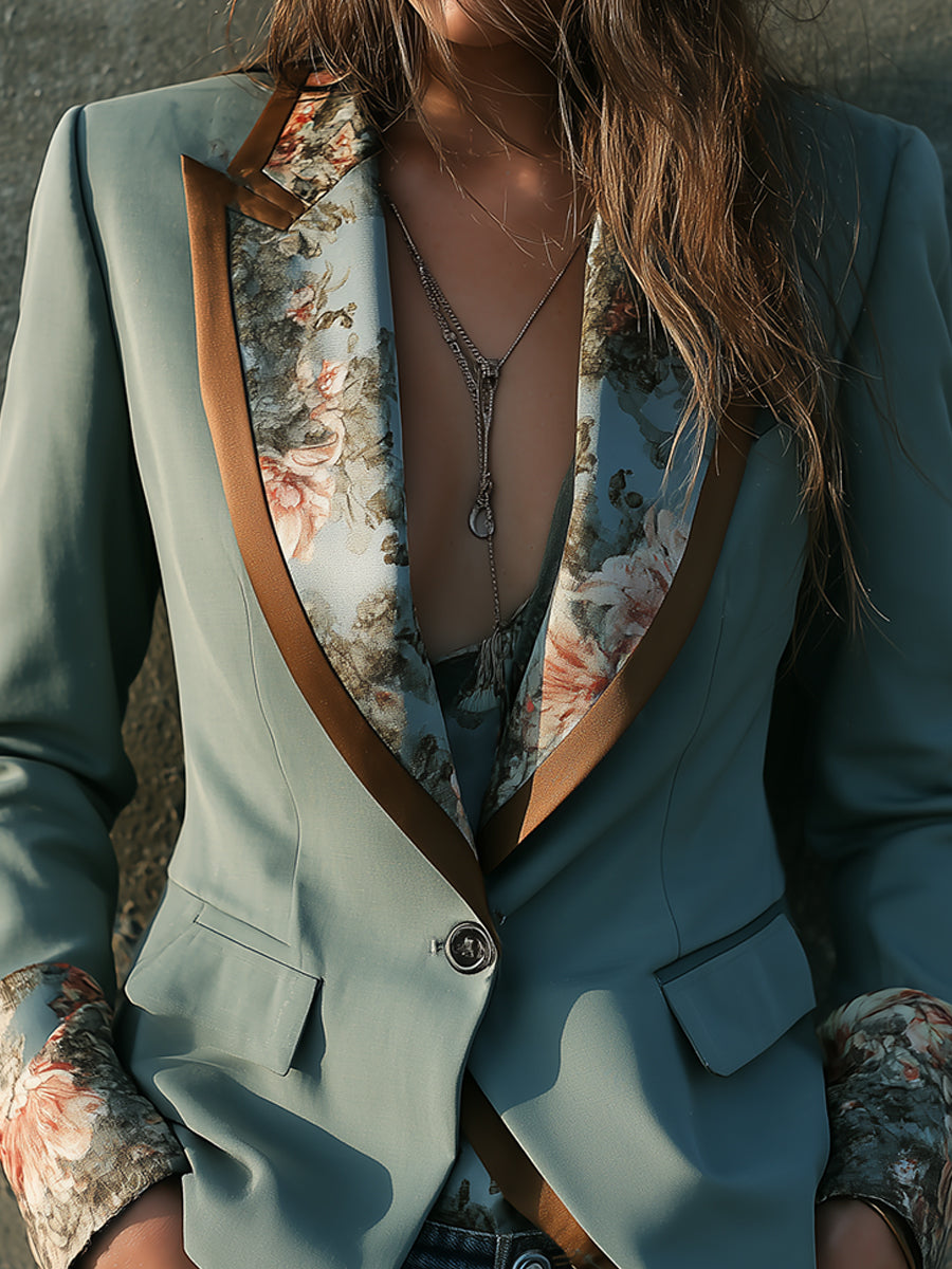 Bohemian Retro Oil Painting Print One Button Blazer