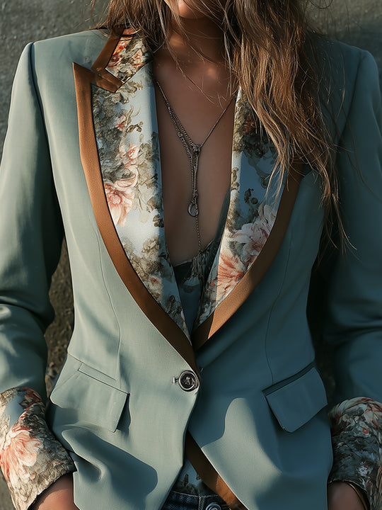 Bohemian Retro Oil Painting Print One Button Blazer