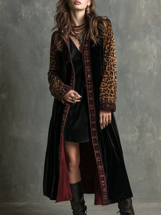 Quiet Luxury Leopard Print Polyester Velvet Splicing Mid-length Coat
