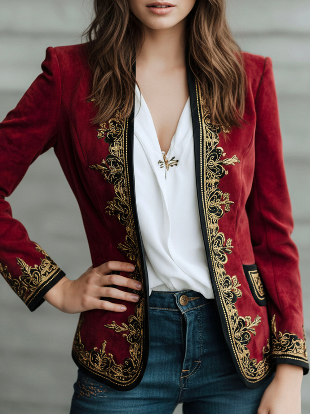 Vintage Burgundy Microsuede Embroidered Blazer With Black And Gold Trim