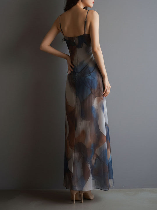 Retro Abstract Print Watercolor Chiffon Slip Maxi Dress