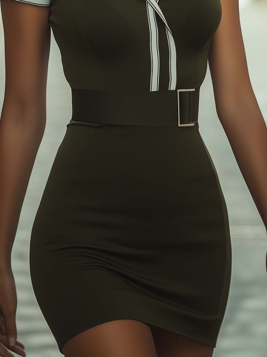 Olive Green Polo Collar Bodycon Dress