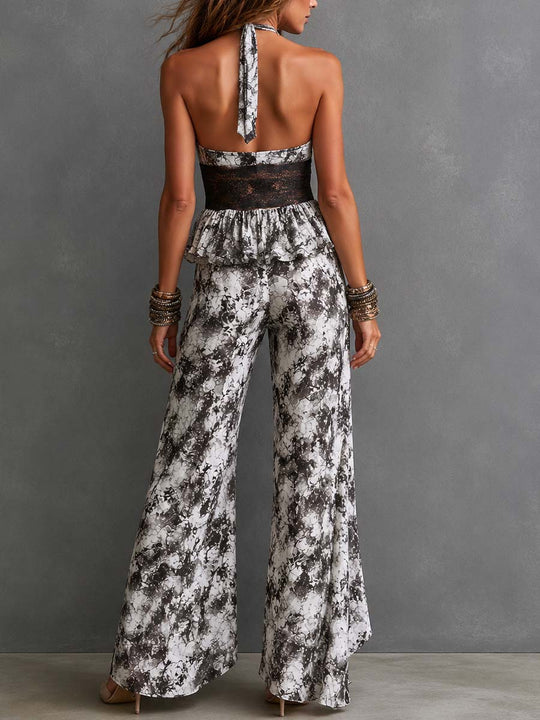 Boho Lace-Trim Halter Deep V Ruffle Wide-Leg Floral Print Jumpsuit