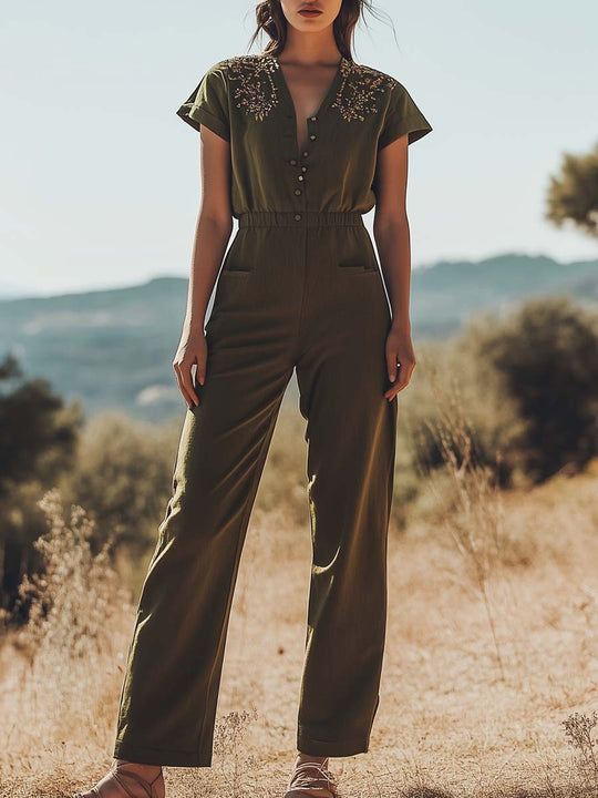 Embroidered Boho Utility Jumpsuit