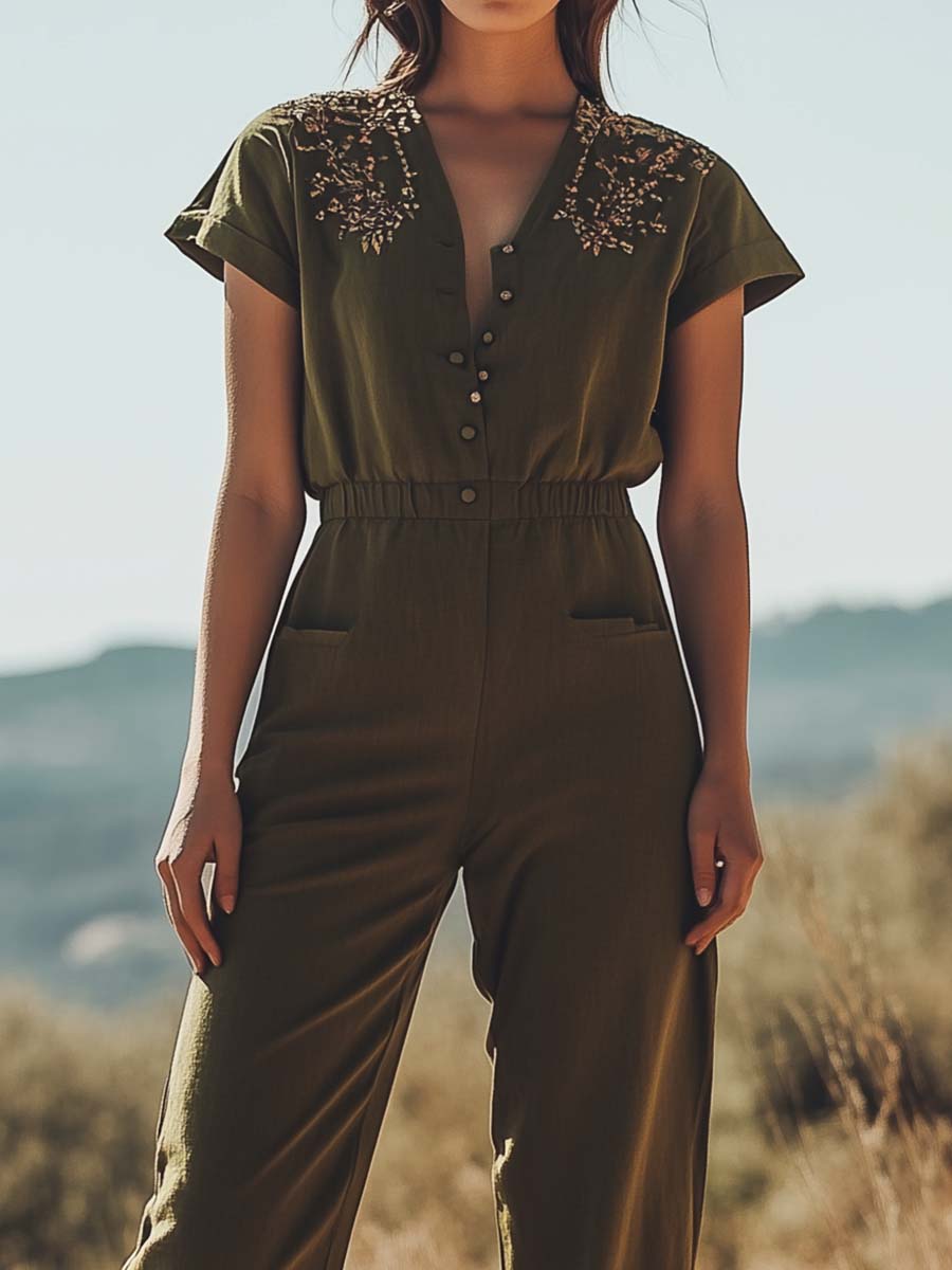 Embroidered Boho Utility Jumpsuit