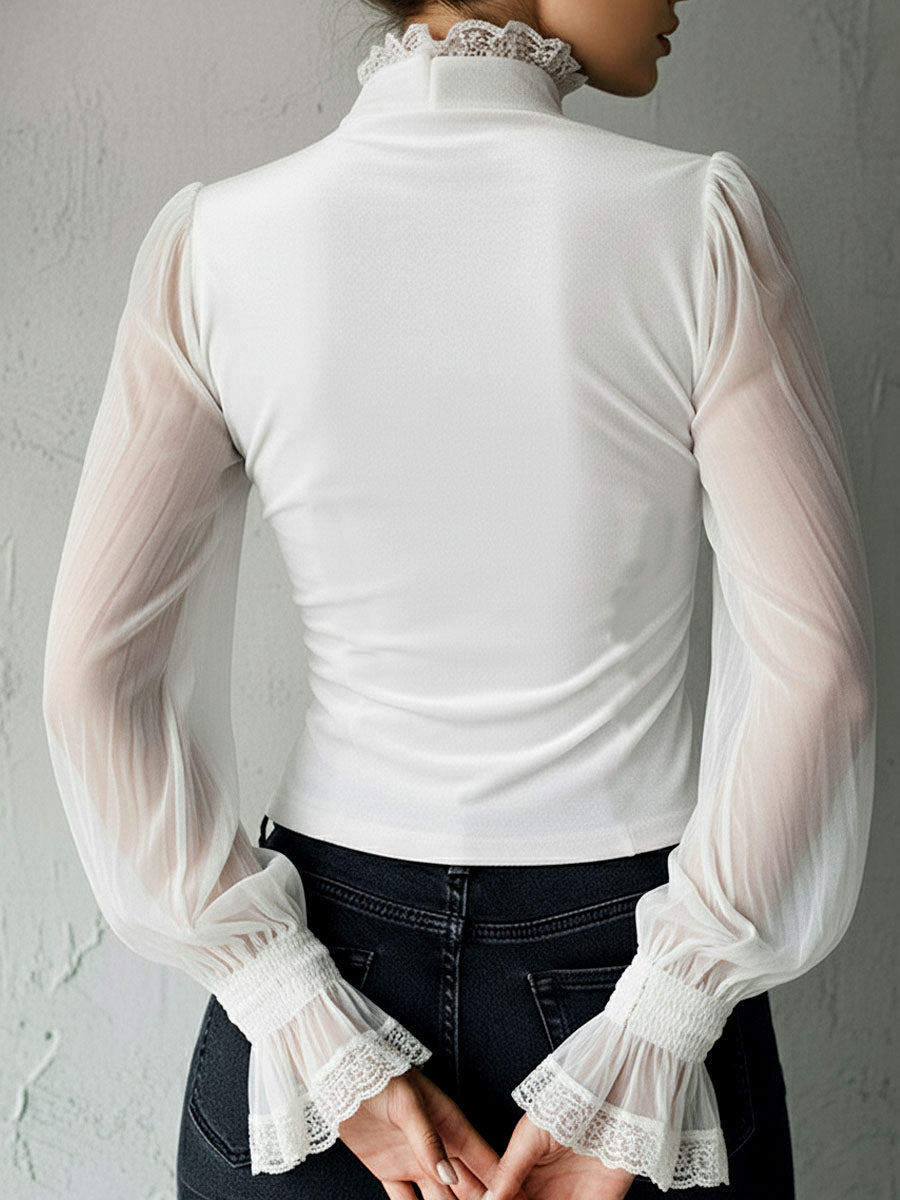 Gothic Lace Trim Black Velvet Corset Blouse With Sheer Sleeves