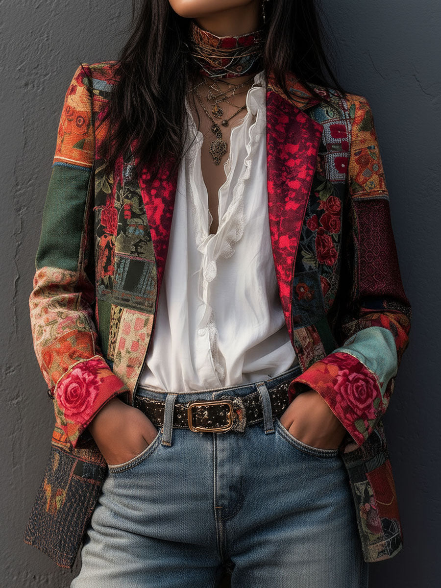 Bohemian Artistic Multicolor Floral Patchwork Print Blazer