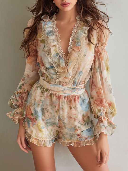 Floral Chiffon Ruffle Romper – Lace-Trimmed V-Neck & Long Sheer Sleeves
