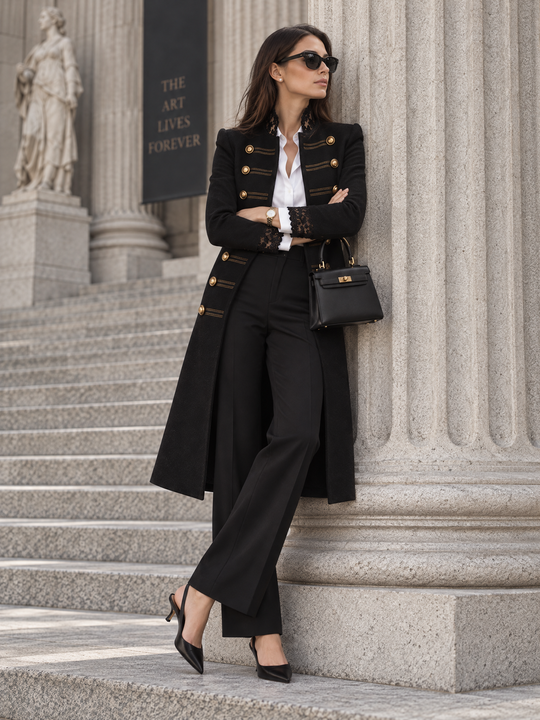 Black Military Lace-Trim Mid-length Wool Coat with Gold Buttons