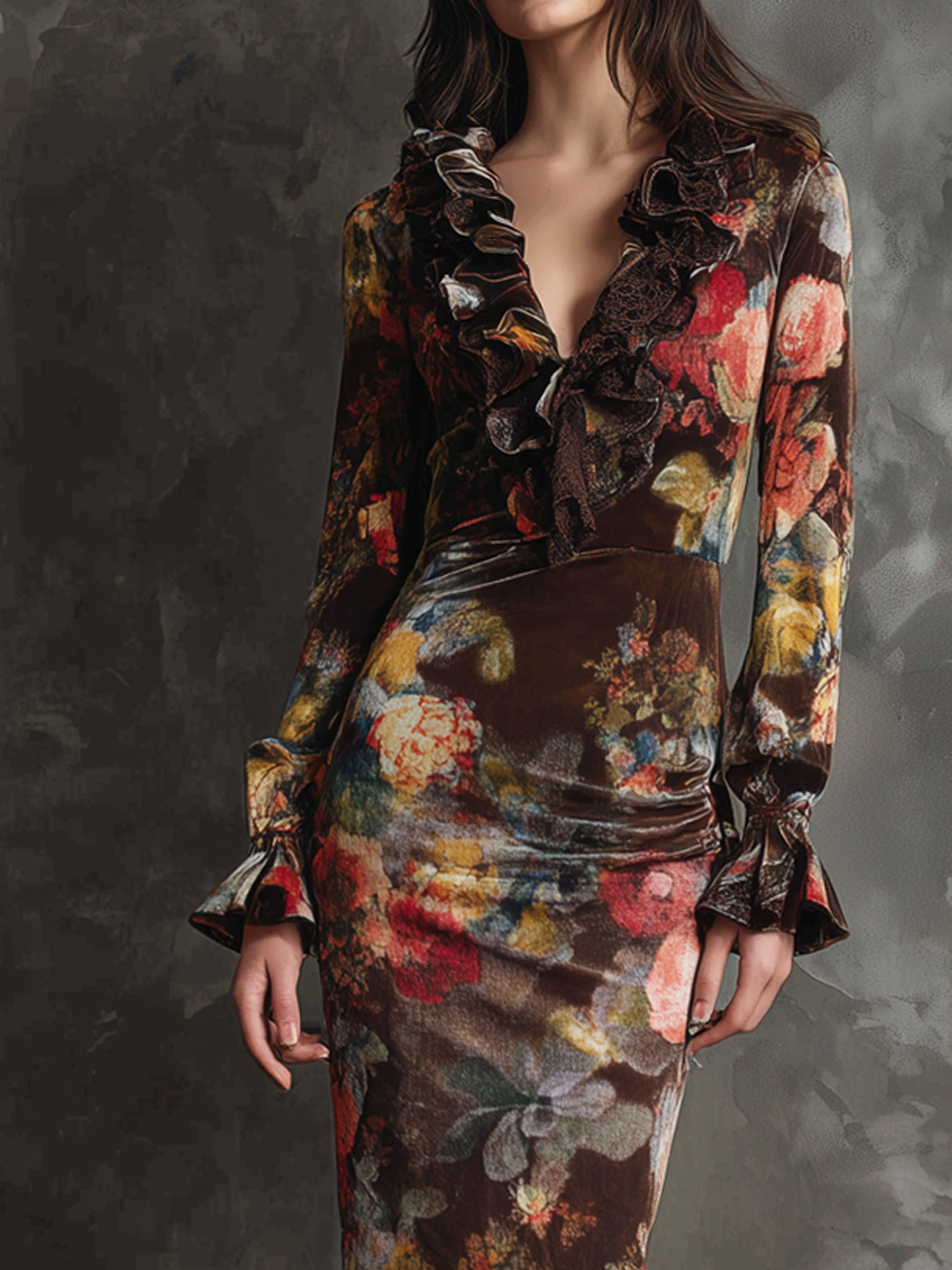 Retro Oil Painting Style Lace-trimmed Polyester Velvet Midi Dress