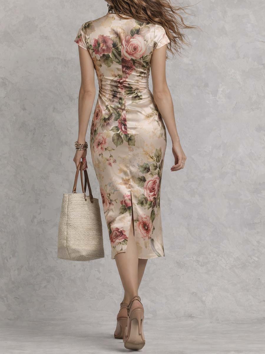 Satin Floral Print Ruched Midi Dress With Side Slit
