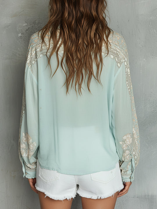 Boho Vintage Printed Chiffon Blouse