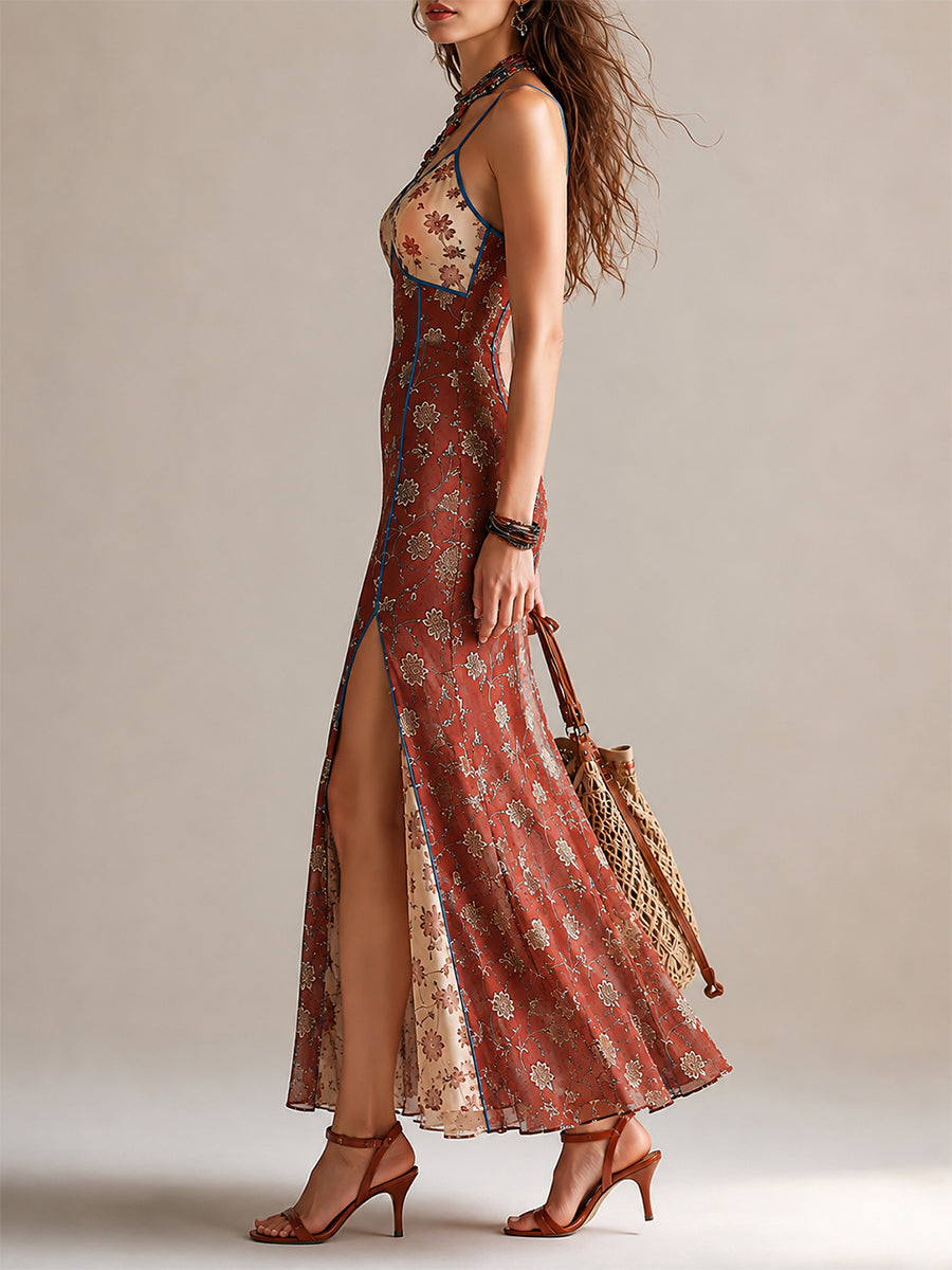 Elegant Printed Chiffon High-slit Mermaid Camisole Maxi Dress