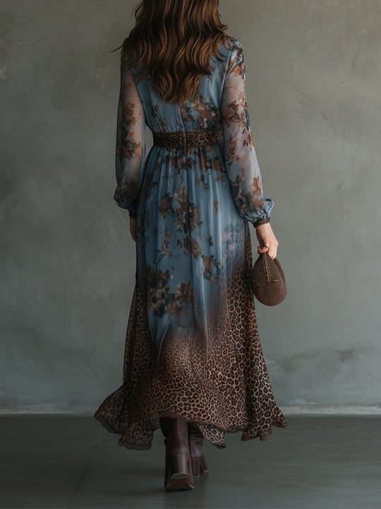 Boho Holiday Leopard Print Chiffon Lace Maxi Dress