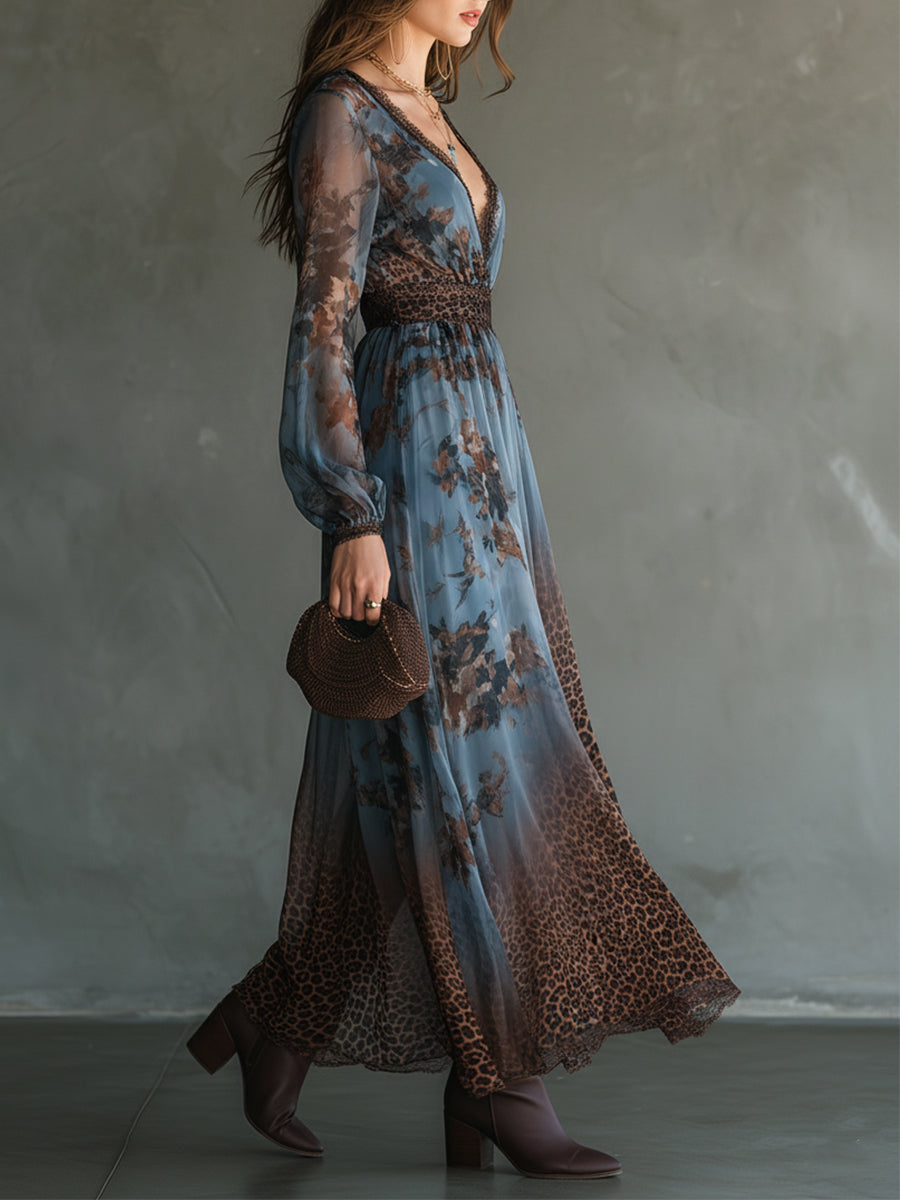 Boho Holiday Leopard Print Chiffon Lace Maxi Dress