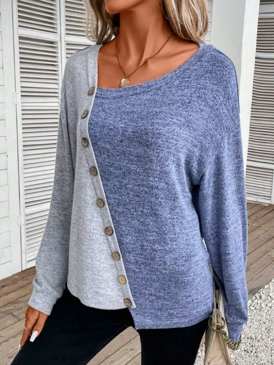 Chic Asymmetrical Color-Block Long-Sleeve Knit Top