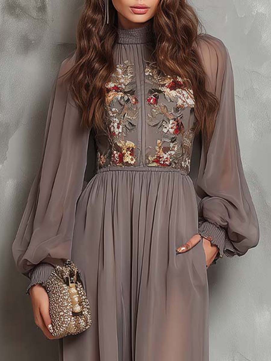 Embroidered Chiffon High-Neck Balloon-Sleeve Jumpsuit