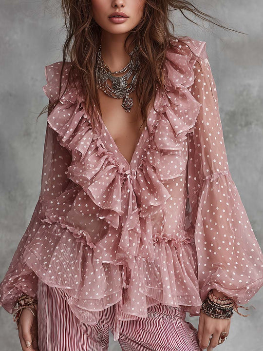 Bohemian Vintage Polka Dot Ruffled Chiffon Blouse