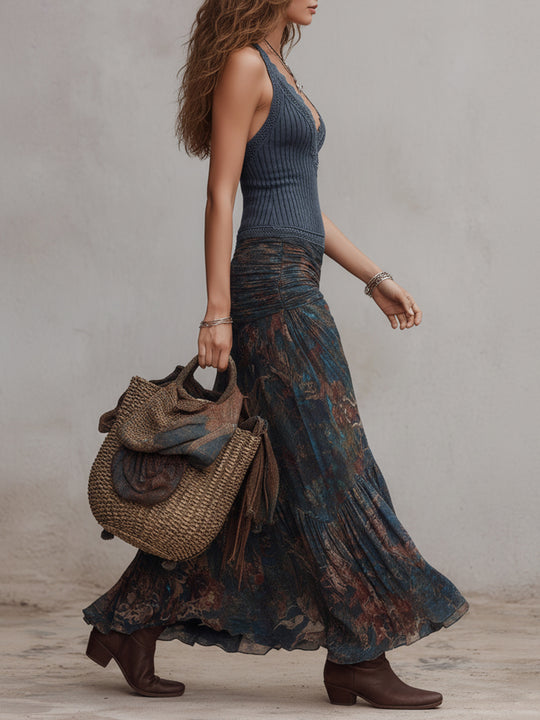 Lace-Trimmed Ribbed Tank Top & Printed Ruffled-Hem Skirt Set