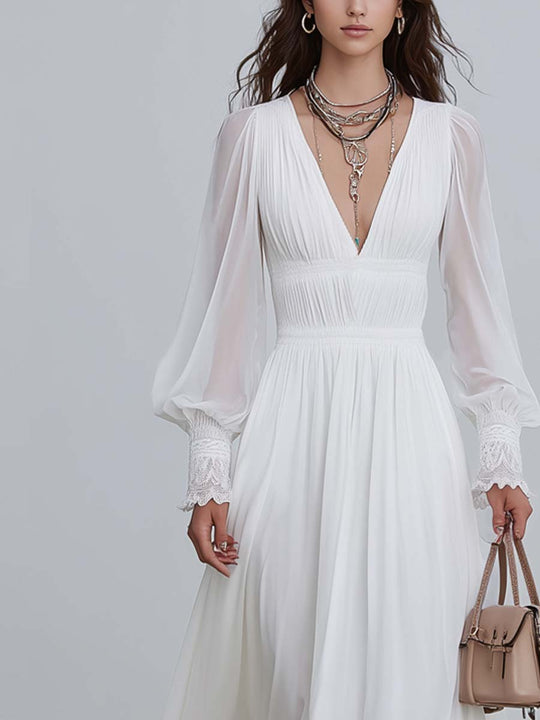 Vintage Lace Trim Sheer Sleeves Maxi Dress