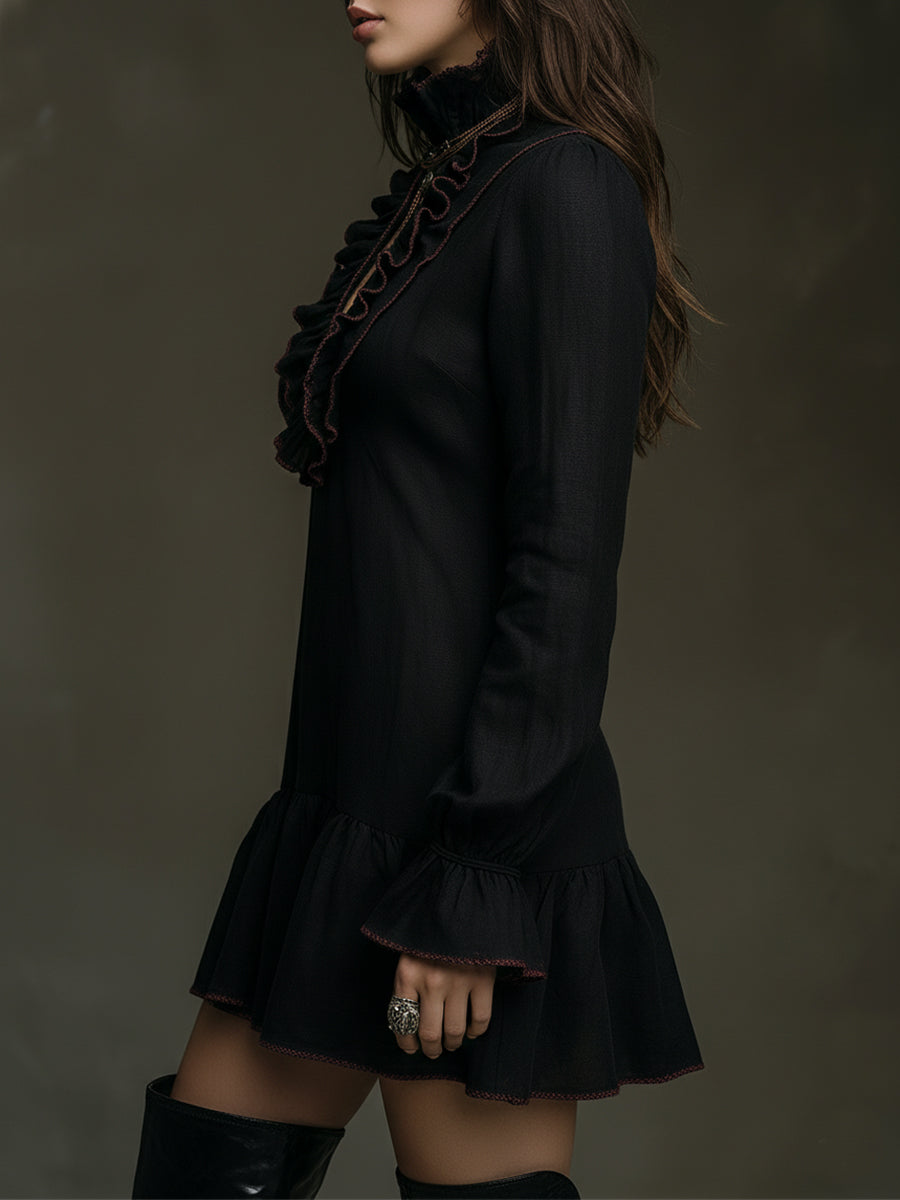 Retro Ruffled Placket Keyhole Neckline Cotton Blend Mini Dress