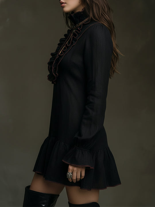 Retro Ruffled Placket Keyhole Neckline Cotton Blend Mini Dress
