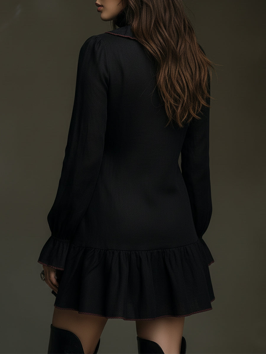 Retro Ruffled Placket Keyhole Neckline Cotton Blend Mini Dress