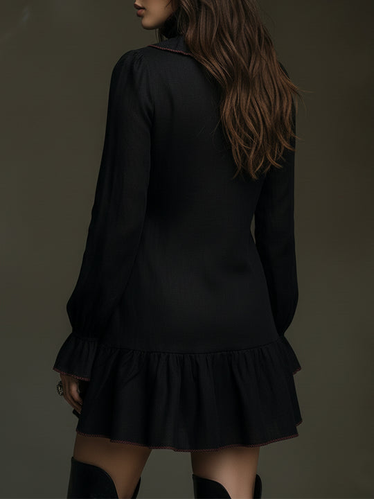 Retro Ruffled Placket Keyhole Neckline Cotton Blend Mini Dress