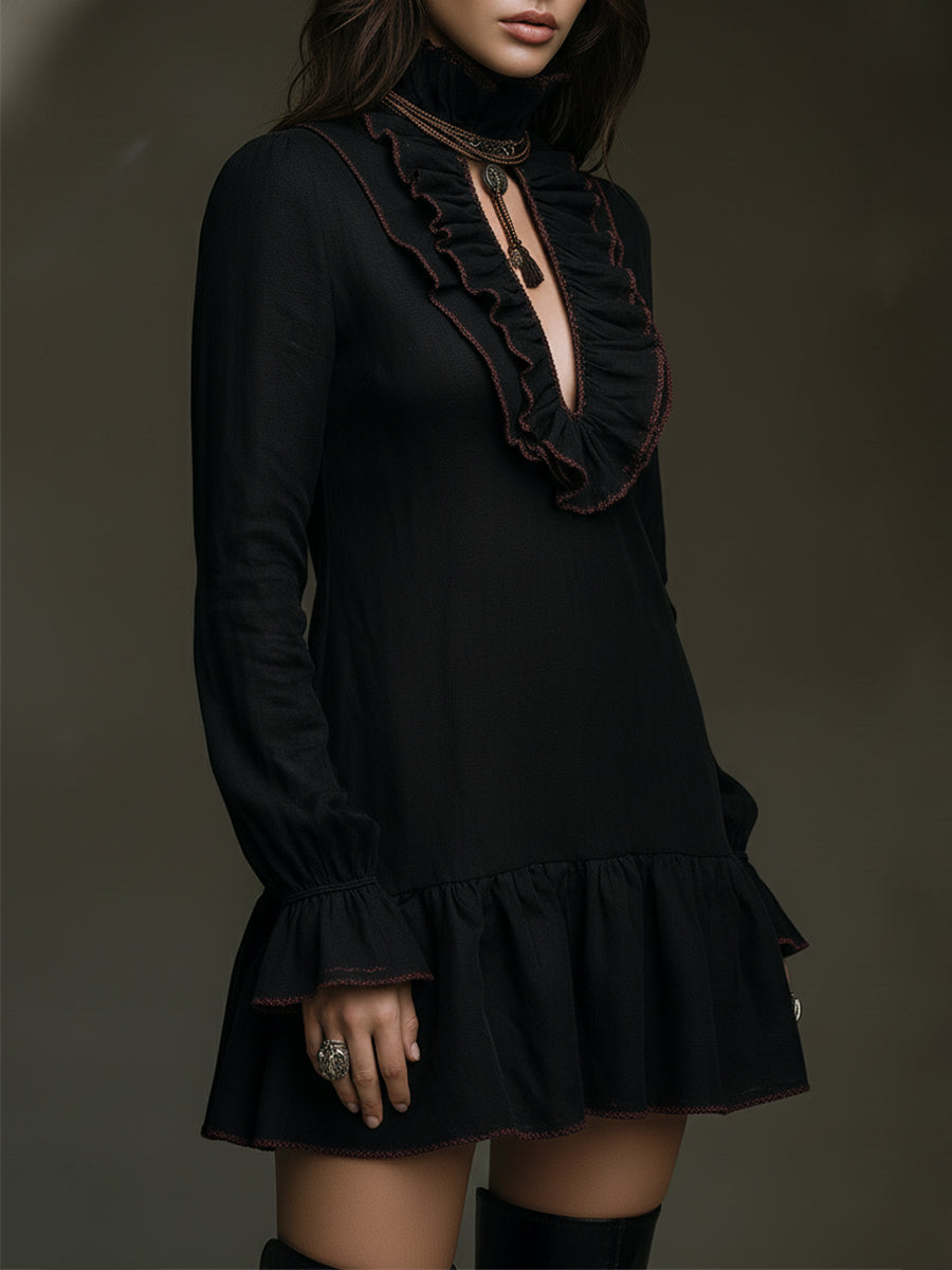 Retro Ruffled Placket Keyhole Neckline Cotton Blend Mini Dress