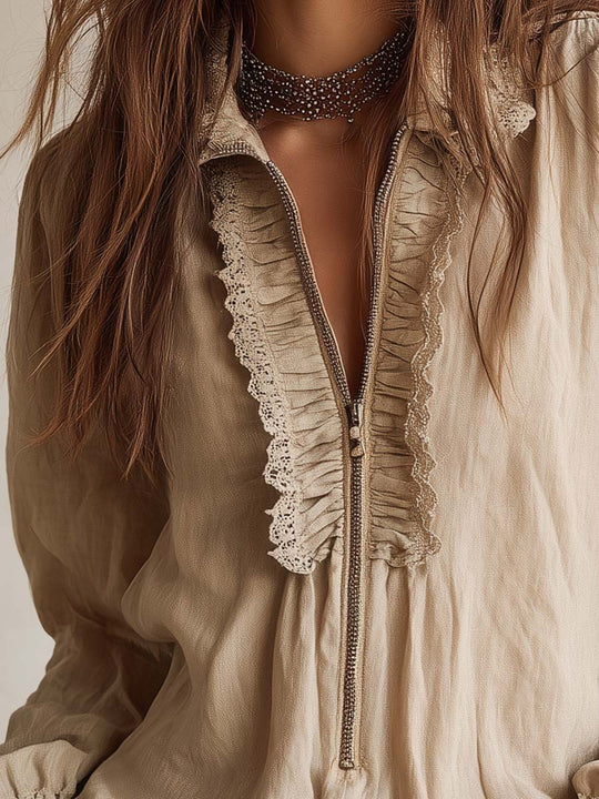 Victorian Ruffle Lace Zip Blouse
