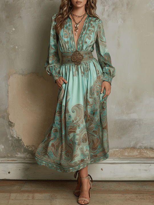 Vintage Boho Paisley Long-Sleeve Midi Dress