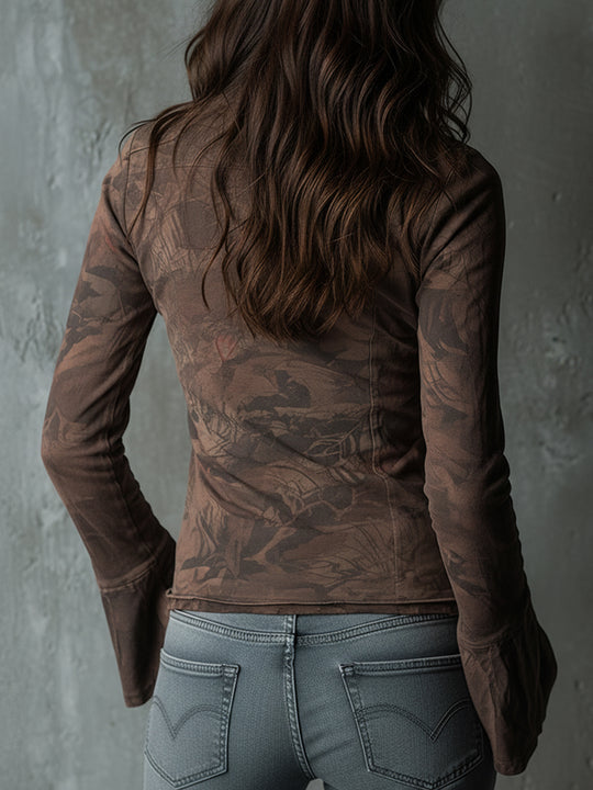 Boho Vintage Printed Cotton Blend Bell Sleeves Blouse