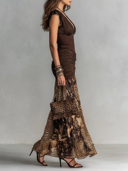 Vintage Corset Leopard Print Pleated Maxi Dress