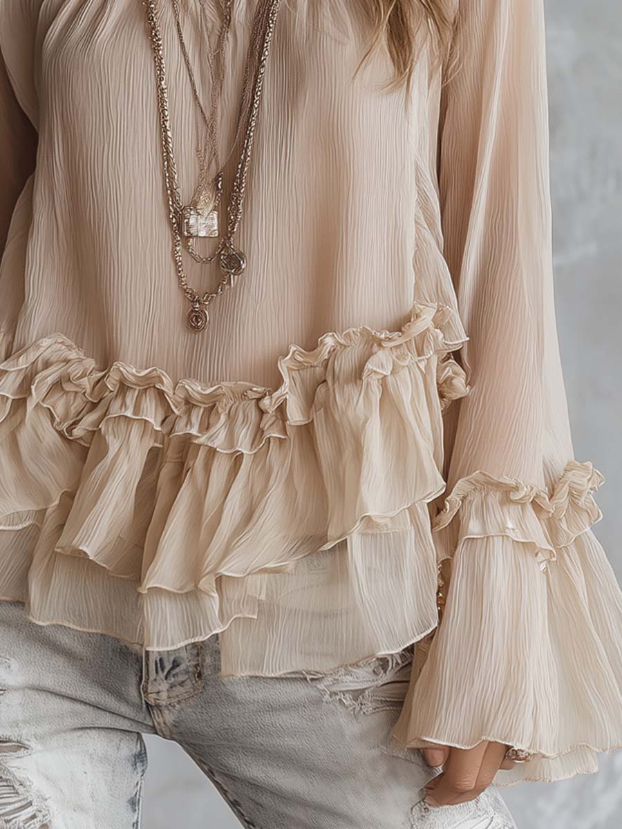 Vintage Ruffle Hem Pleated Chiffon Blouse