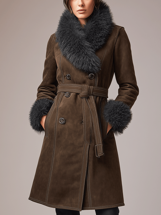 Elegant Bohemian-Style Coffee-Colored Faux Suede Warm Coat
