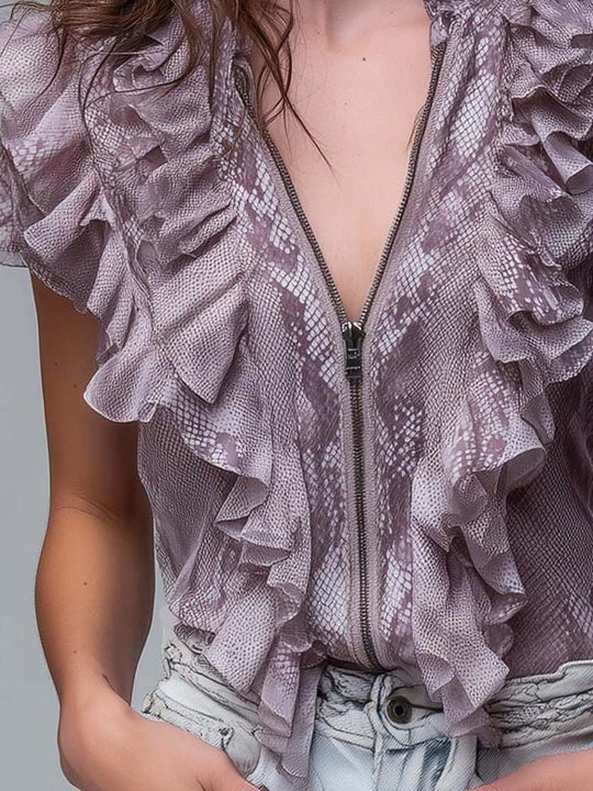 Dusty Rose Snake-Print Chiffon Ruffle Zip Blouse