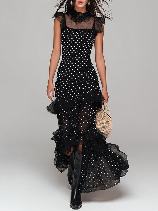 Retro Polka Dot Mesh Print Ruffle Hem Maxi Dress