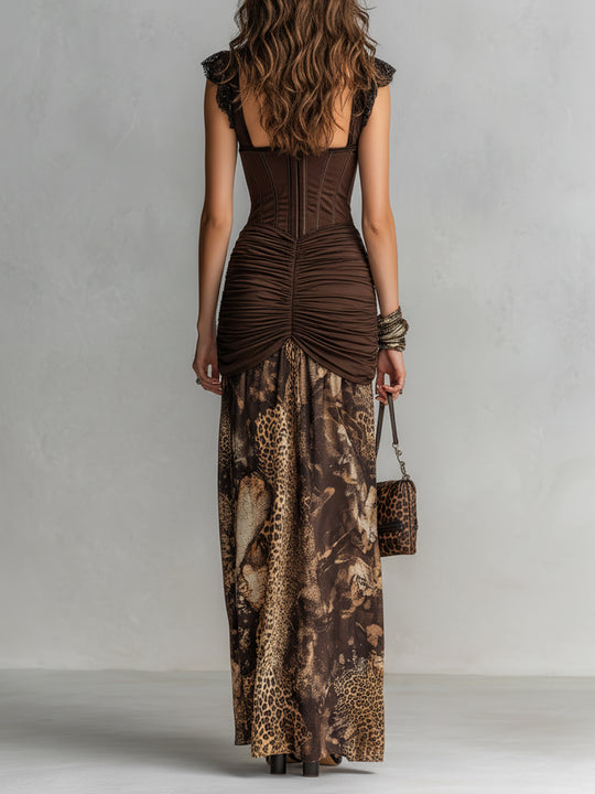 Vintage Corset Leopard Print Pleated Maxi Dress
