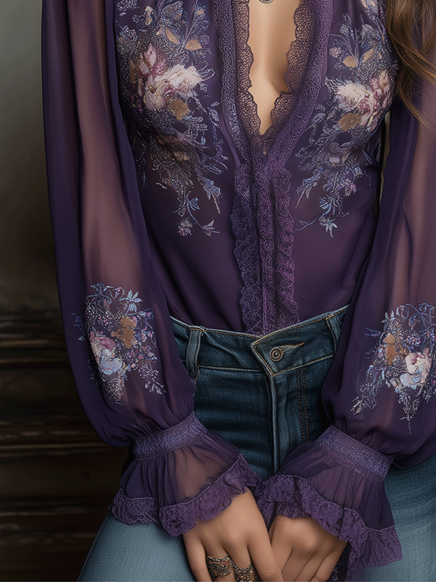 Vintage Violet Floral Lace Sheer Blouse
