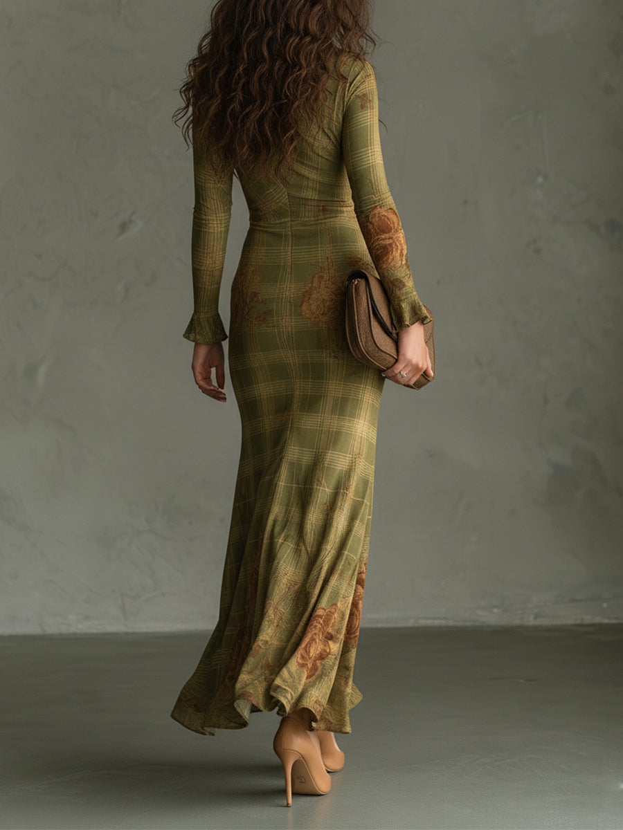 Retro Plaid Rose Print Slim Fit Fishtail Cotton Blend Maxi Dress