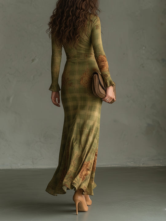 Retro Plaid Rose Print Slim Fit Fishtail Cotton Blend Maxi Dress