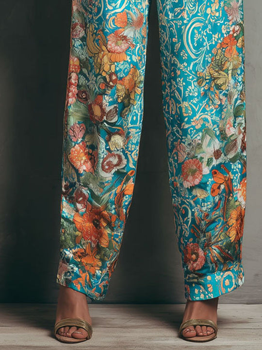 Baroque High-Waist Turquoise Botanical Print Trousers