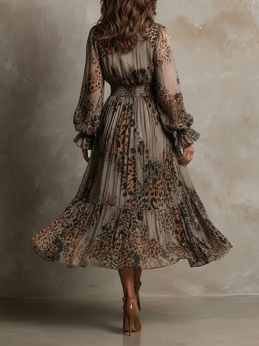 Bohemian Holiday Leopard Print Ruffle Neckline Chiffon Midi Dress