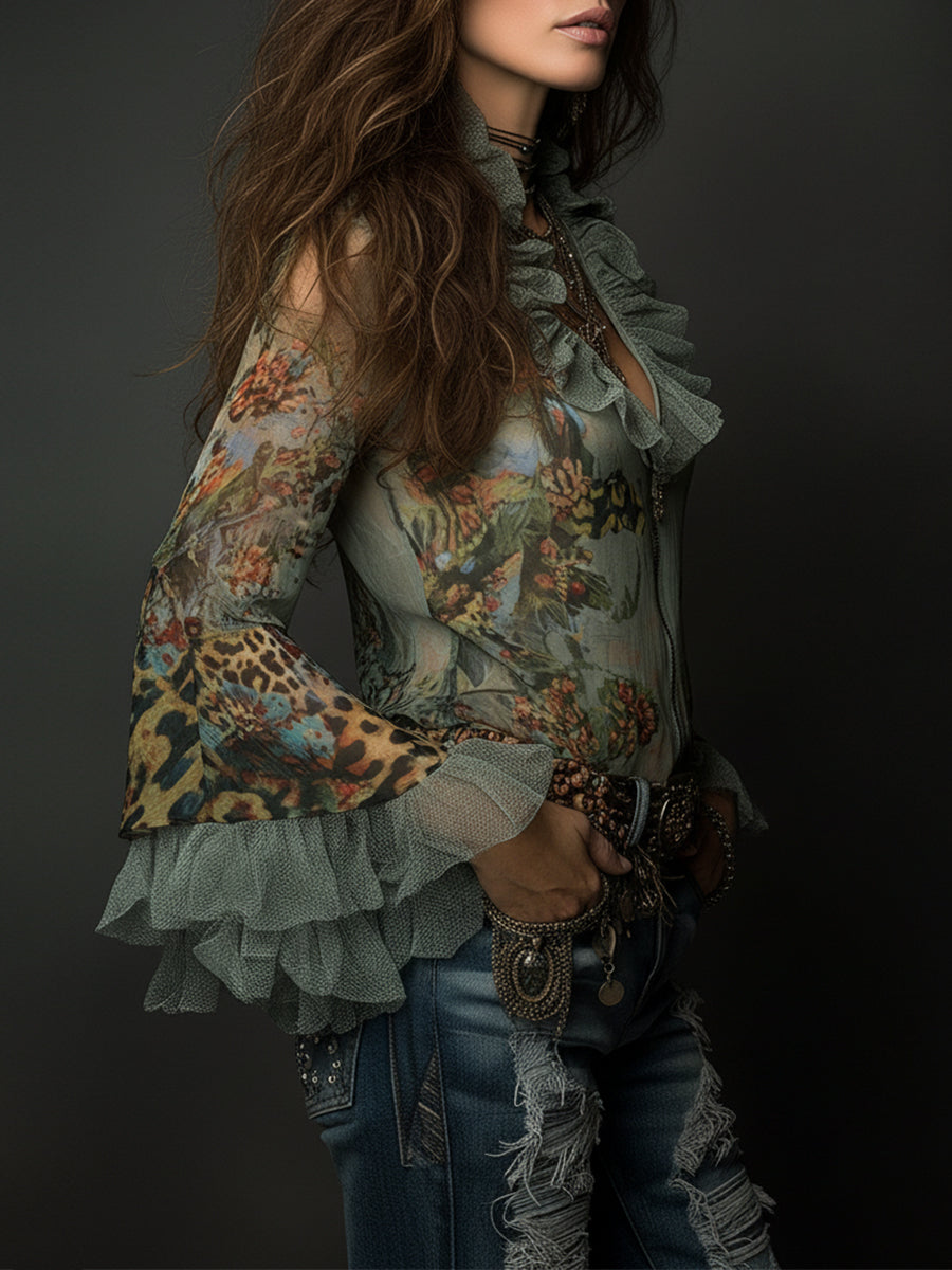 Bohemian Leopard Print Floral Print Chiffon Bell Sleeves Blouse