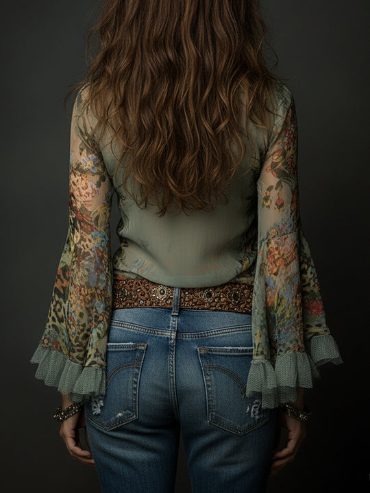 Bohemian Leopard Print Floral Print Chiffon Bell Sleeves Blouse