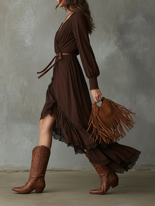 Bohemian Cotton-blend Lace Multi-layer Ruffle High-low Hem Maxi Dress